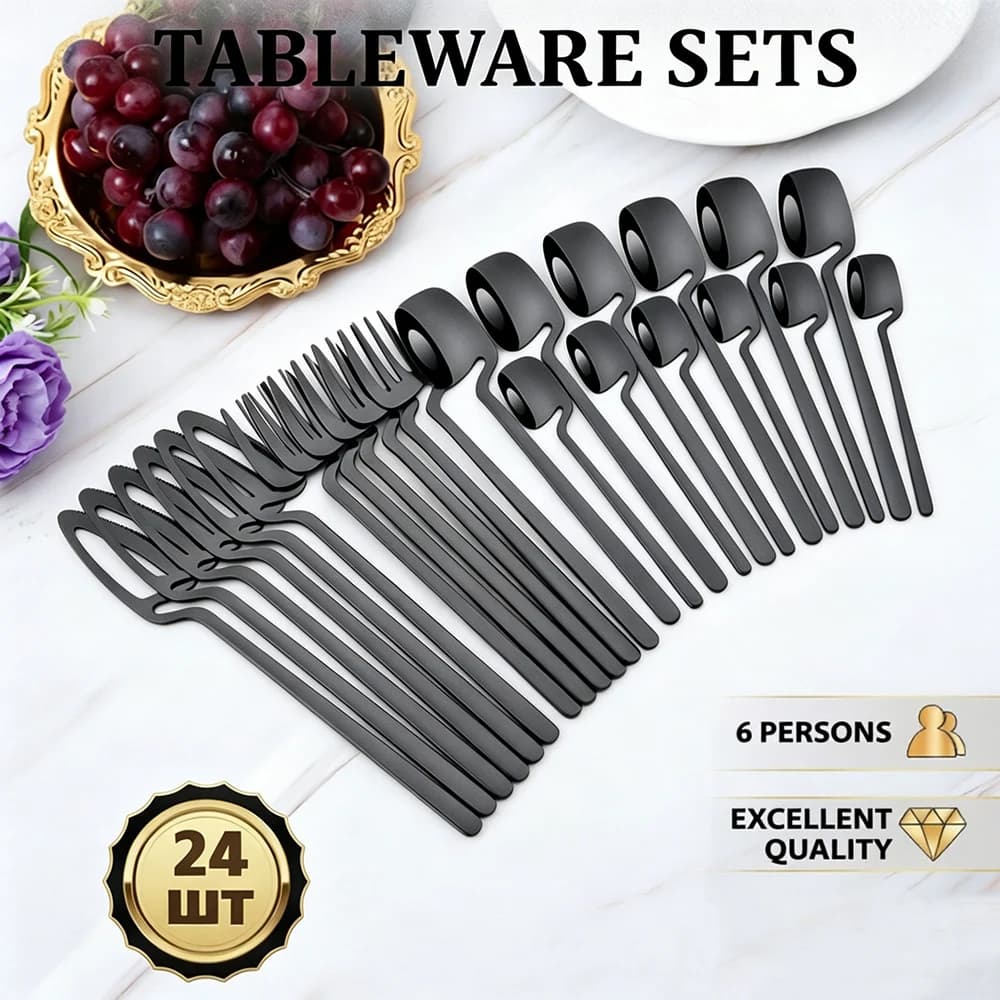 Set di posate da 24 pezzi in acciaio inossidabile nero, stile occidentale, con coltello, forchetta e cucchiaio, set di posate da tavola, argenteria da cucina.