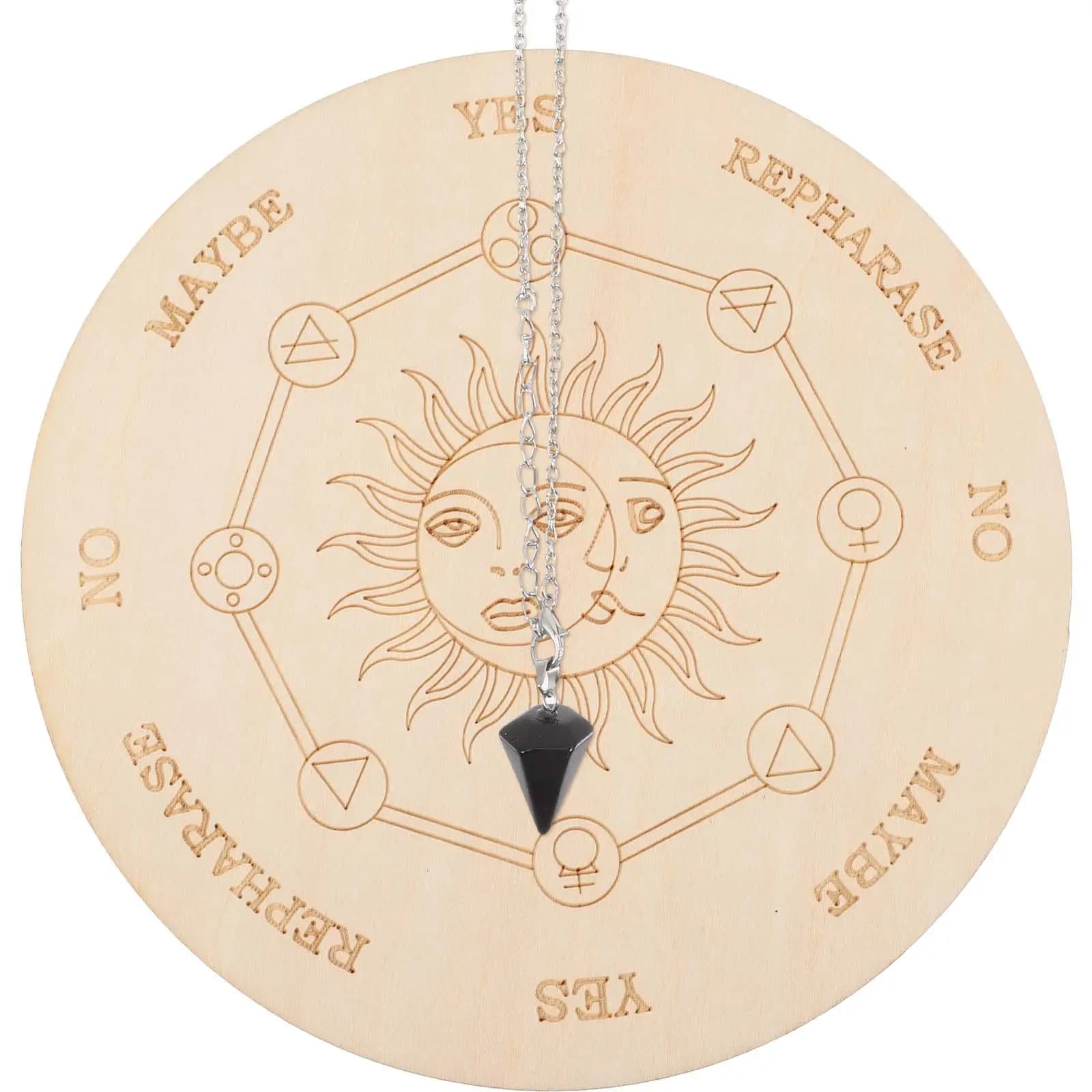 Set di 1 Tavola a Pendolo in Legno con Collana per Rabdomanzia, Strumento di Divinazione con Motivo Sì/No per Altare Wiccan e Spirito Metafisico