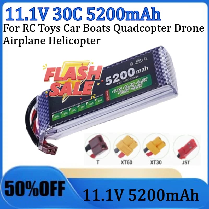 Batteria Lipo 3S 11.1V 5200mAh con Connettore XT60 T Plug 40C per Auto RC, Barche, Quadricotteri, Droni, Aerei ed Elicotteri