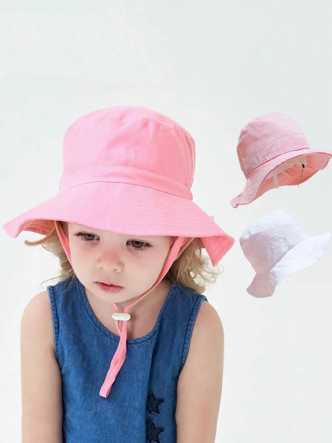 1 cappello a secchiello rosa con parte superiore piatta per ragazze 3-8 anni, cappello per bambini in stile coreano con cinturino regolabile, cappello da viaggio per esterni
