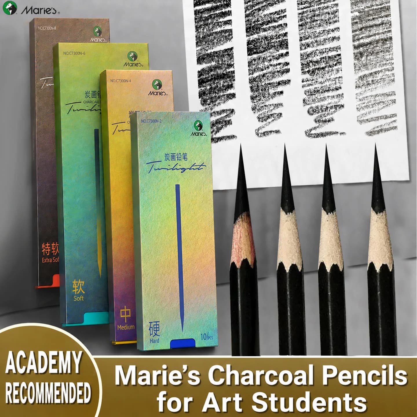 Marie's Sketch Charcoal Pencil 10Pcs Soft / Medium/Hard/ Extra-soft Drawing Pencils Set Carbon Pencils for Kit Sketching Shading