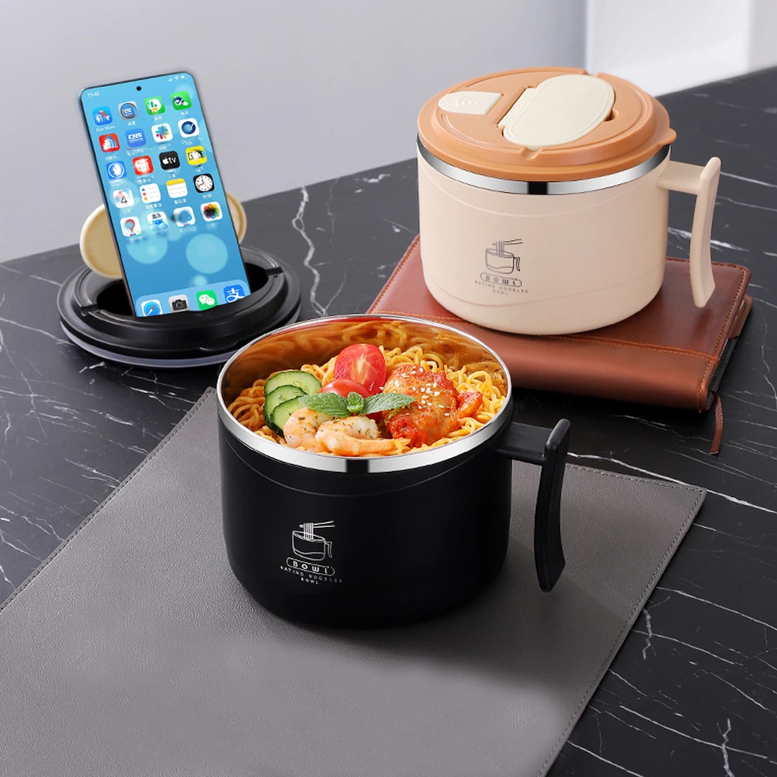 1300ml Ramen Bowl With Lid Stainless Steel Instant Noodle Cooker Fruit Salad Rice Soup Bowl Large Lunch Box Kitchen Accessories