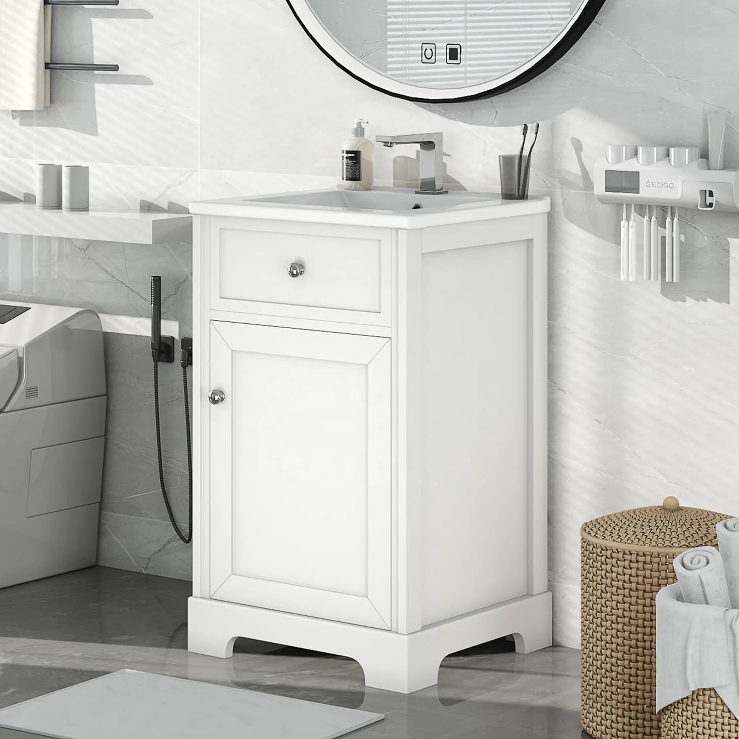 Vanity da bagno da 20" con lavabo, mobiletto da bagno con anta a chiusura morbida, portaoggetti e ripiano regolabile, bianco