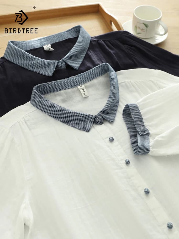 Nuova Camicia Estiva 2026 da Donna in Cotone a Mezza Manica, Colletto Rovesciato con Patchwork, Blusa Casual Larga Stile Mori Girl T65423CC