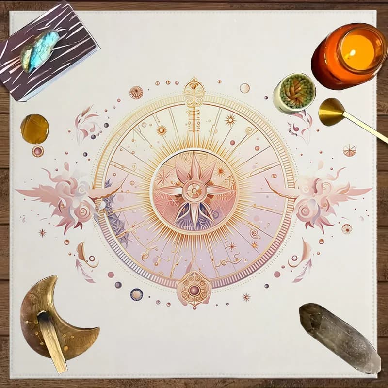 Tappeto Altare VIKAMA Oro Rosa con Bussola Solare, Telo Cerimoniale per Tarocchi e Astrologia, Tappetino Decorativo per Meditazione