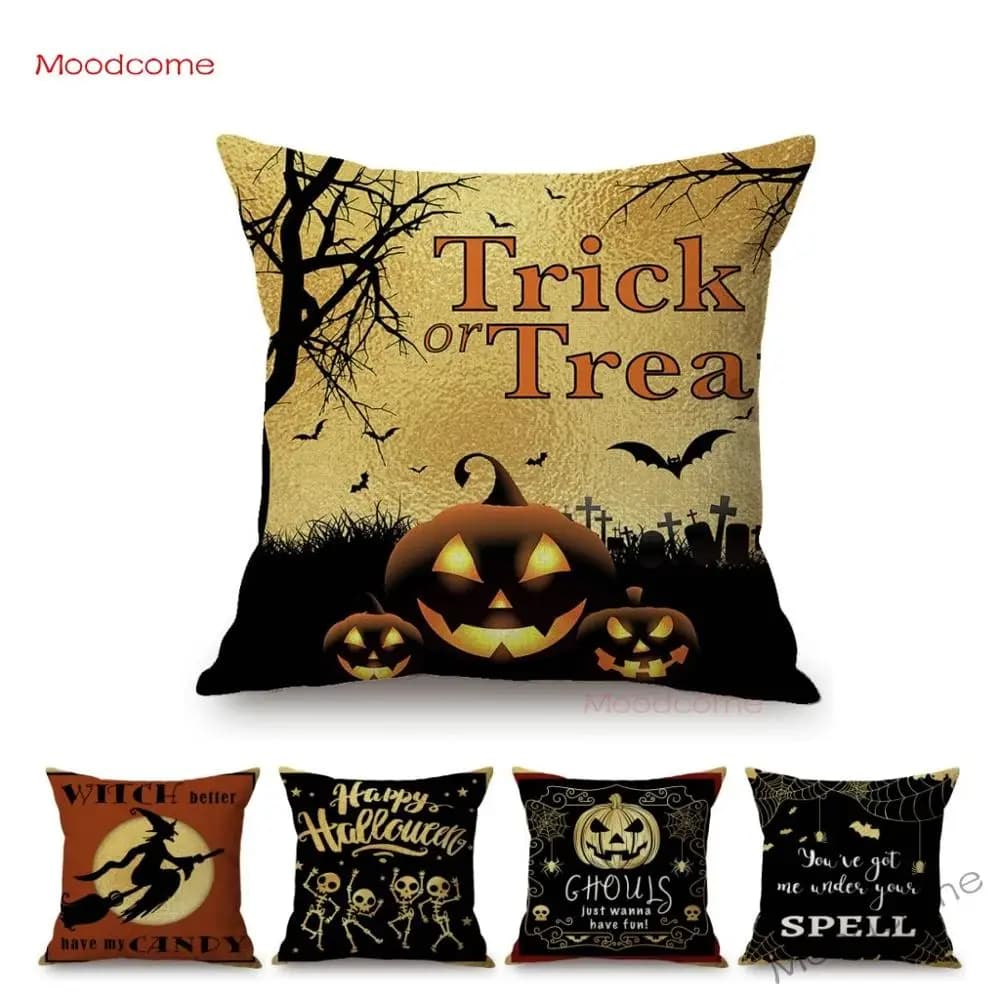 Oro Halloween Dolcetto o scherzetto Faccia di zucca Corvo nero Decorazione della casa Divano Fodera per cuscino Fodera per cuscino Ragno nero Strega