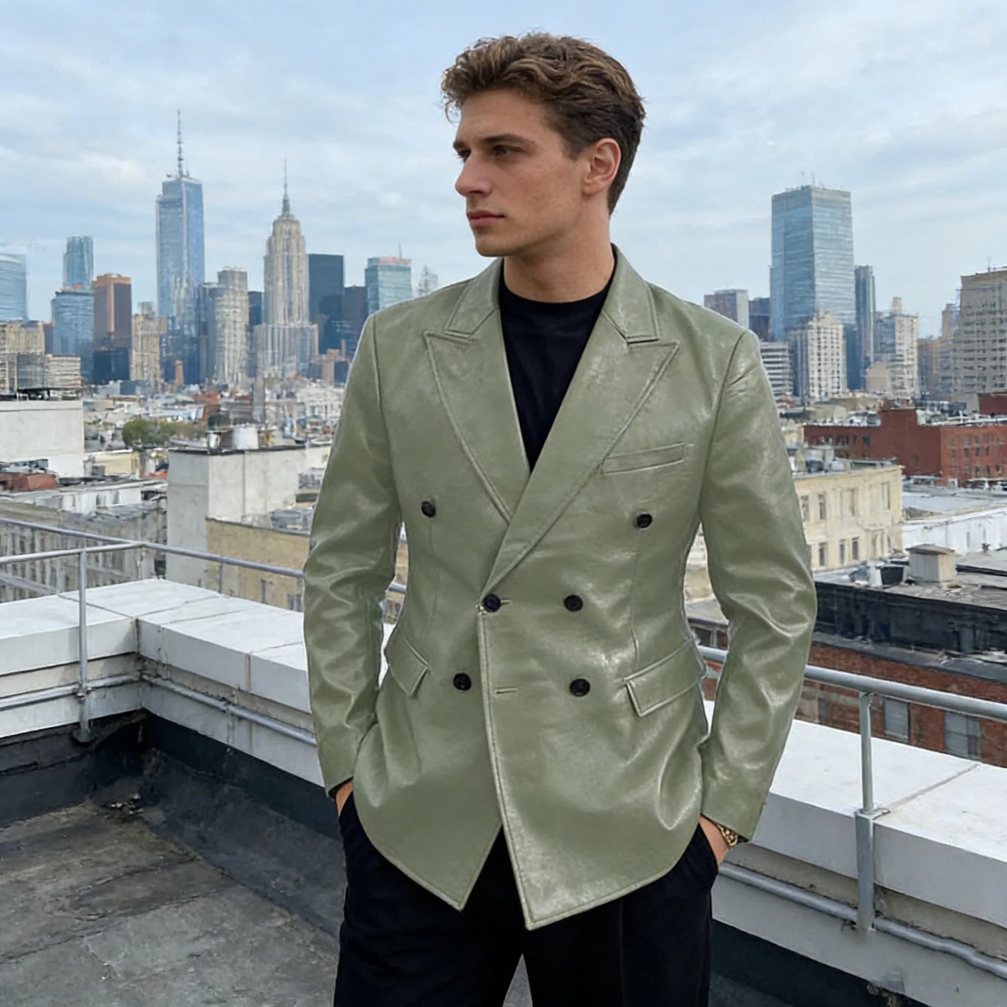 Vintage Faux Leather Blazer Jacket For Men High Quality Double Breasted Peak Lapel Gentleman Business Casual Waterproof Coat