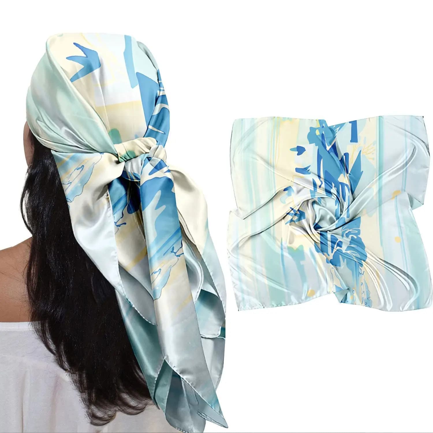 0093 Women's floral satin square scarf, soft silk-like headscarf, multi-purpose scarf to wrap headscarf