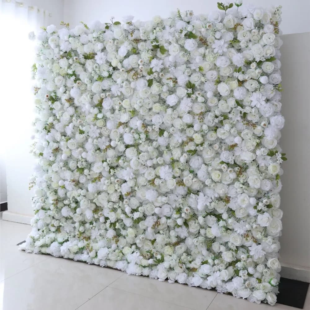 Uflower Rose White Eucalyptus Leaf Wedding Backdrop Decor 3D Fall Color Cloth Flower Wall Arrangement Curtain Hanging Plant Wall