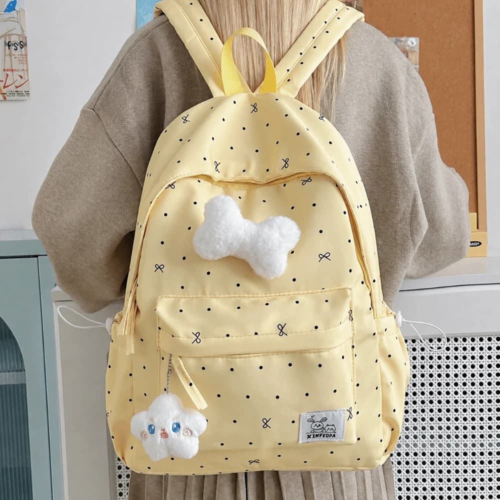 Trendy Lightweight Polka Dot Backpack Bowknot Casual Students Daypack Breathable Versatile Large Capacity School Bag College