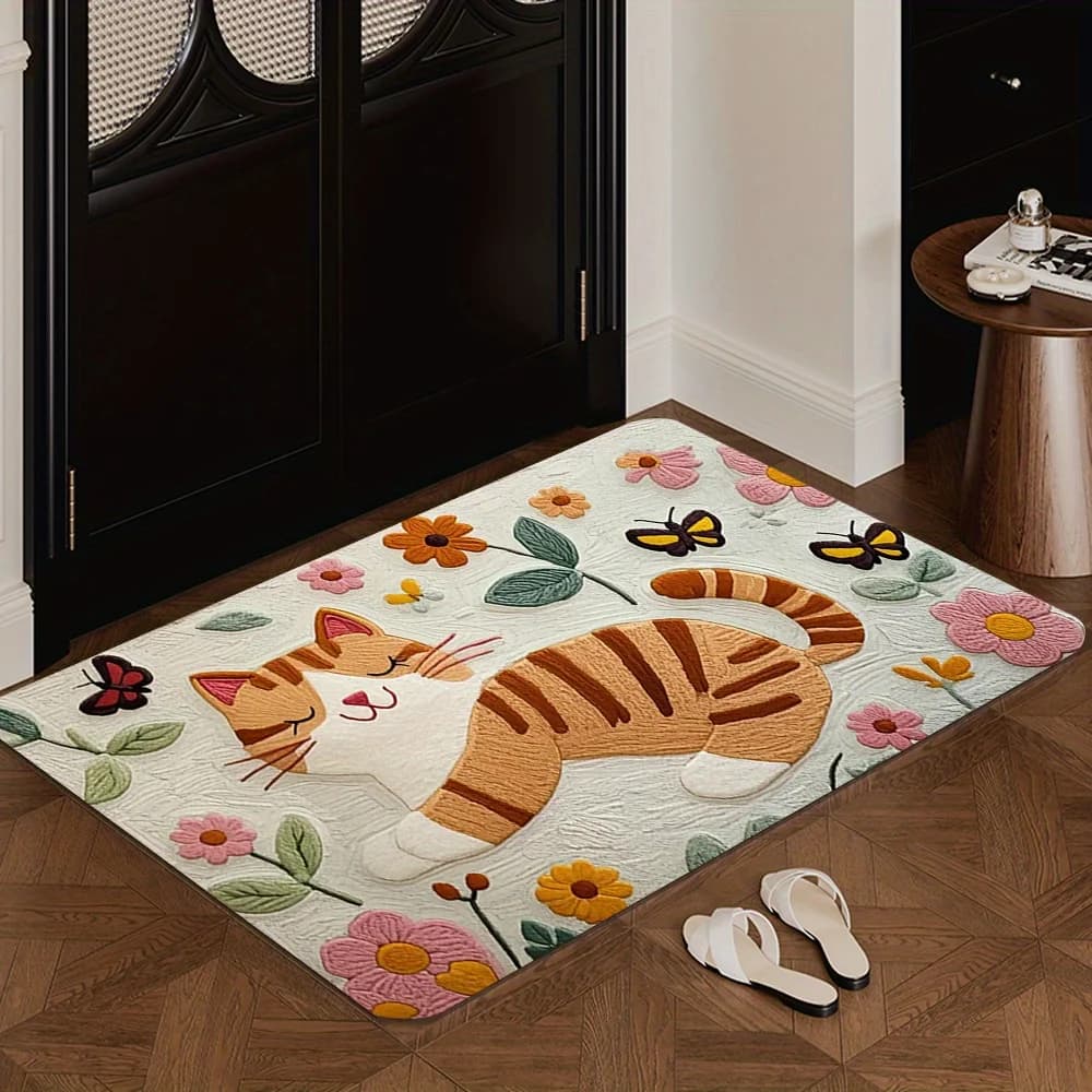 Tappetino Lavabile Morbido e Assorbente con Motivo Floreale e Gatto Dormiente in Flanella per Ingresso, Bagno, Cucina, Lavanderia, Soggiorno, Regalo per la Casa