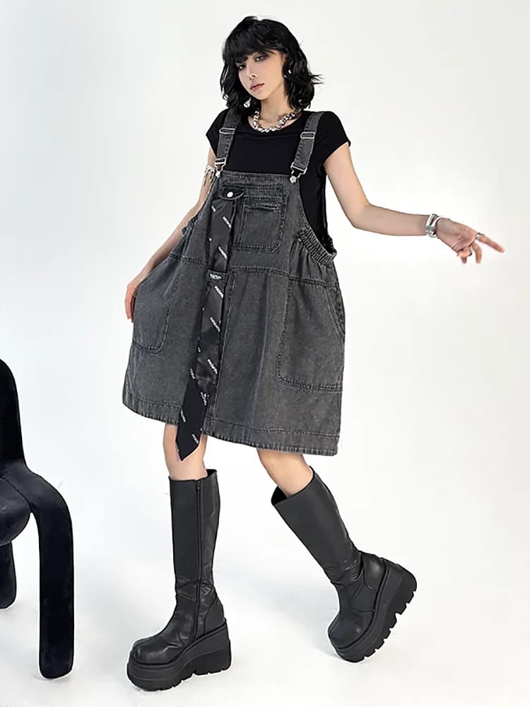 Washed Vintage Denim Overalls Skirt Mid-Length Slimming Hong Kong Style Design Spring Summer New Arrival Anti-Aging