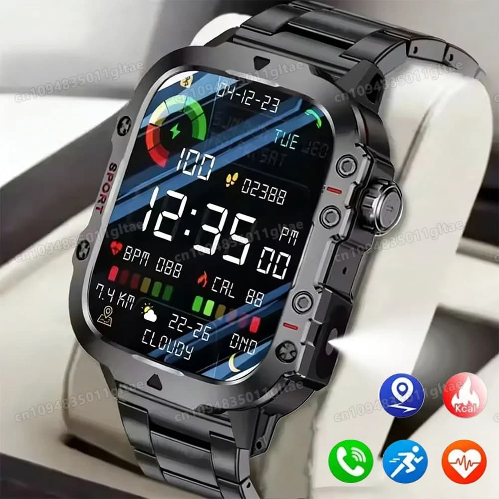 Smartwatch Military Robusto 2026 Men's Watch, External Watch with LED Flashlight, 2.01'''' Touch HD Screen, Bluetooth Voice Calls, Gift
