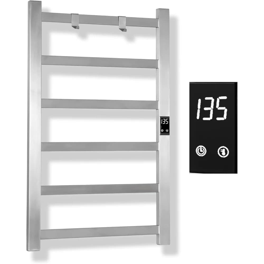Scaldasalviette elettrico ultrasottile con timer, controllo della temperatura multilivello, opzioni cablate e plug-in, finiture spazzolate a 6 barre