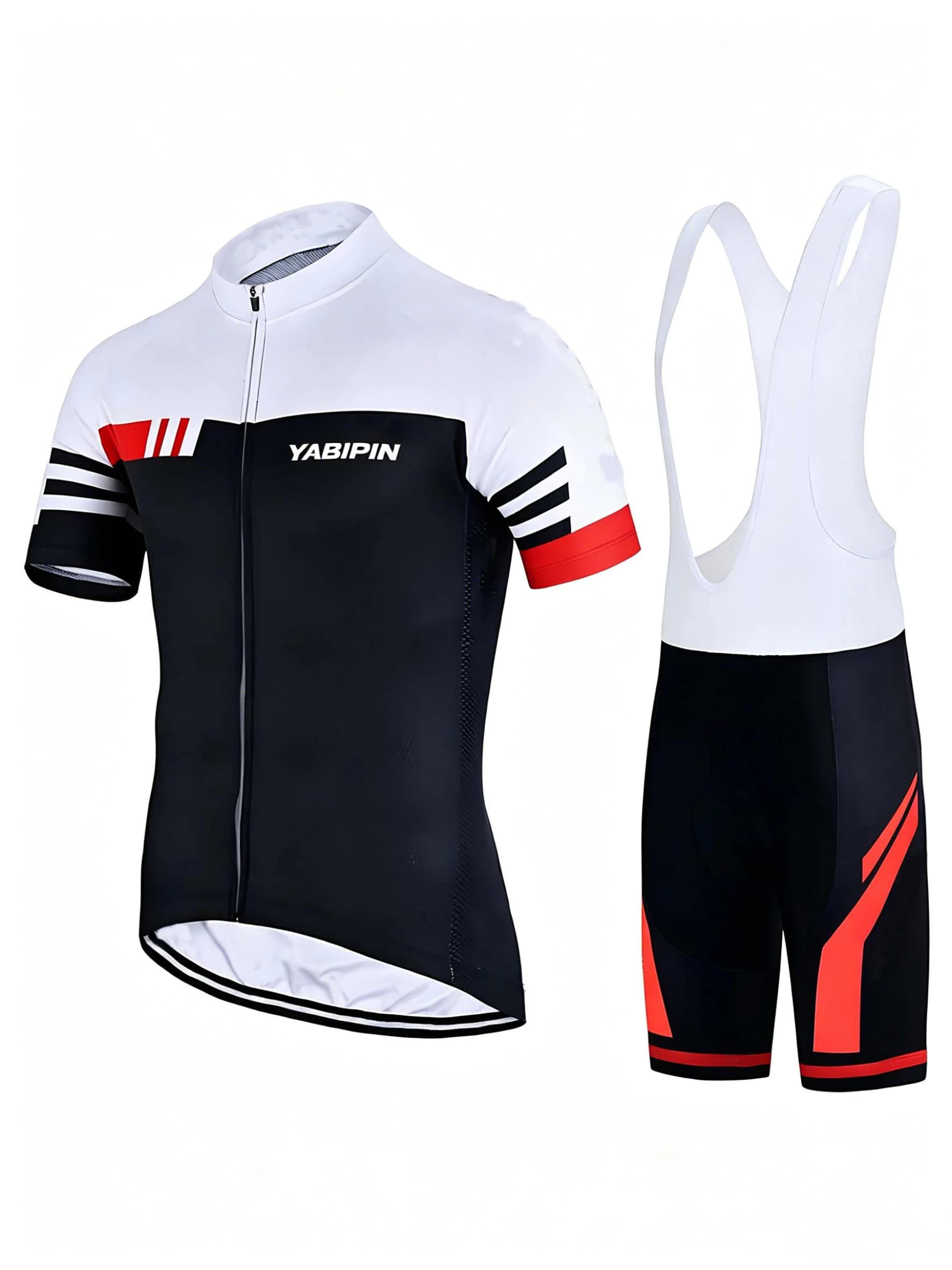 Completo da ciclismo da uomo in 2 pezzi, con colletto alto, zip intera, maniche corte e pantaloncini, tuta da ciclismo con grafica a lettere