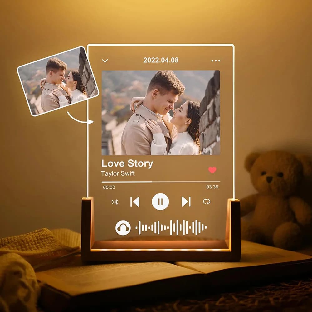 Luce Notturna LED Personalizzata con Canzone, Cornice Fotografica in Acrilico con Musica Personalizzata, Luce Fotografica Personalizzata per Coppie, Regalo Premuroso