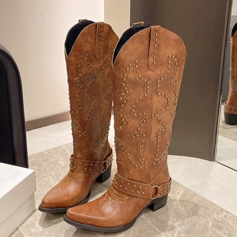 Autumn Winter Belt Buckle Rivet Women's Western Cowboy Boots Fashion Slip on Shoes with thick heel Embroidery Knight Botas