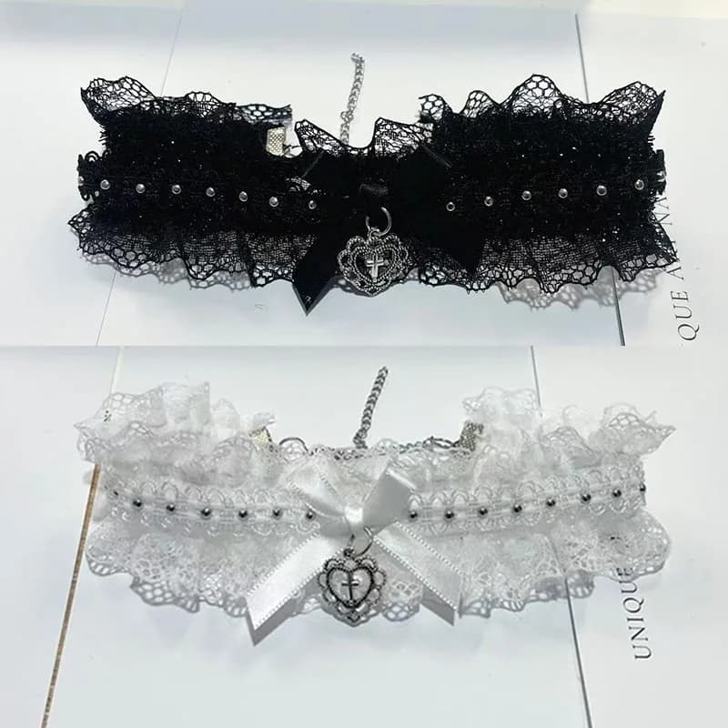 Vintage Lace Choker with Satin Bow Heart Cross Pendant White Black Ruffle Rivet Neckalce for Women Grunge Lolita Y2K Jewelry