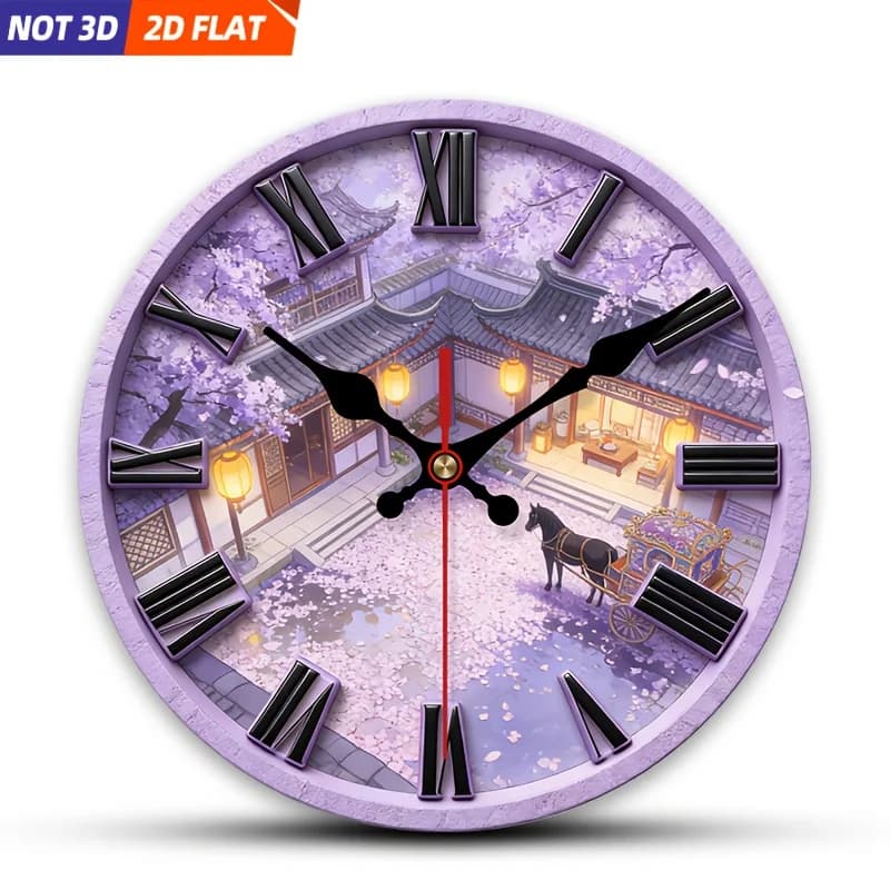 2D Piatto. 1 pezzo. Orologio da Parete a Tema Cortile Tradizionale con Fiori di Ciliegio, Funzionamento Silenzioso, Design Creativo, Ideale per Be