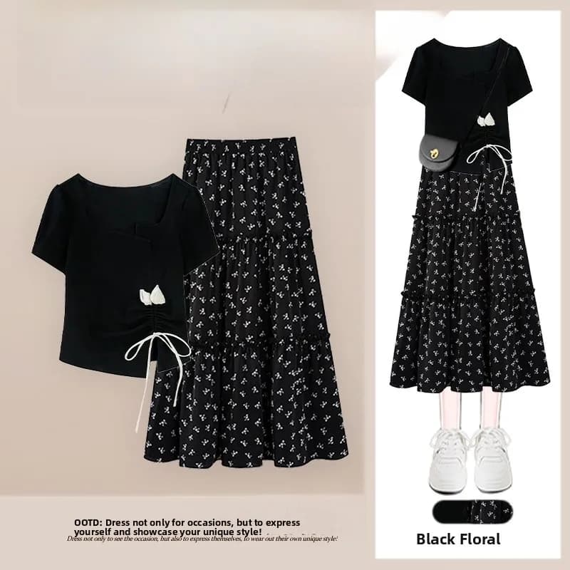 Fashionable Floral Print Half-length Skirt And Drawstring Top Women's Set Summer 2026 Lazy Style Two-piece Ensemble
