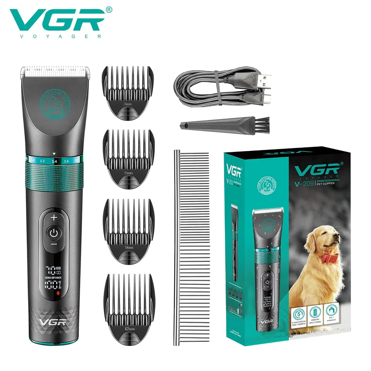 VGR Rasoio professionale per cani Tagliacapelli elettrico per animali domestici Tagliacapelli per animali domestici in metallo LED Digitale Trimmer per peli di cani e gatti V-209