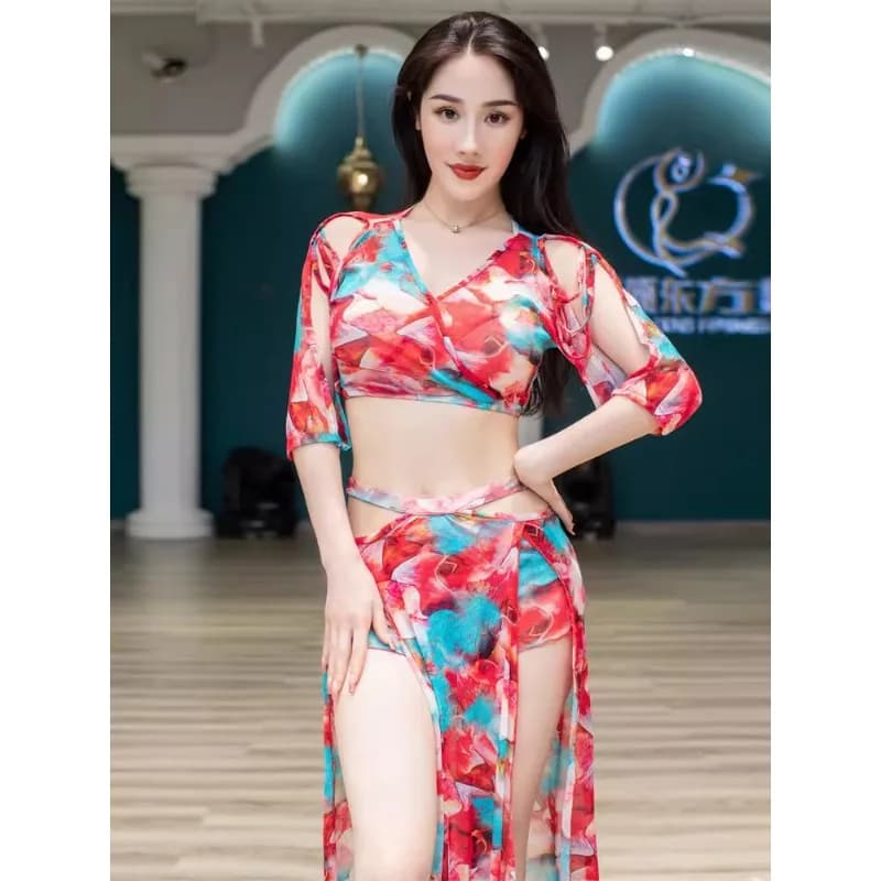Abito da danza del ventre personalizzato Abiti da pratica in rete di fascia alta sexy femminile Costumi da prestazione Prezzo economico Top e gonne stampate