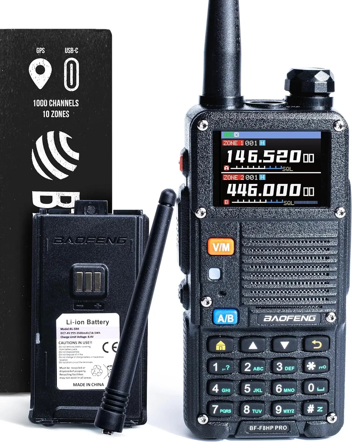 Radio bidirezionale tri-band con GPS, meteo NOAA, 1000 canali, ricaricabile tramite USB-C, robusto IP54