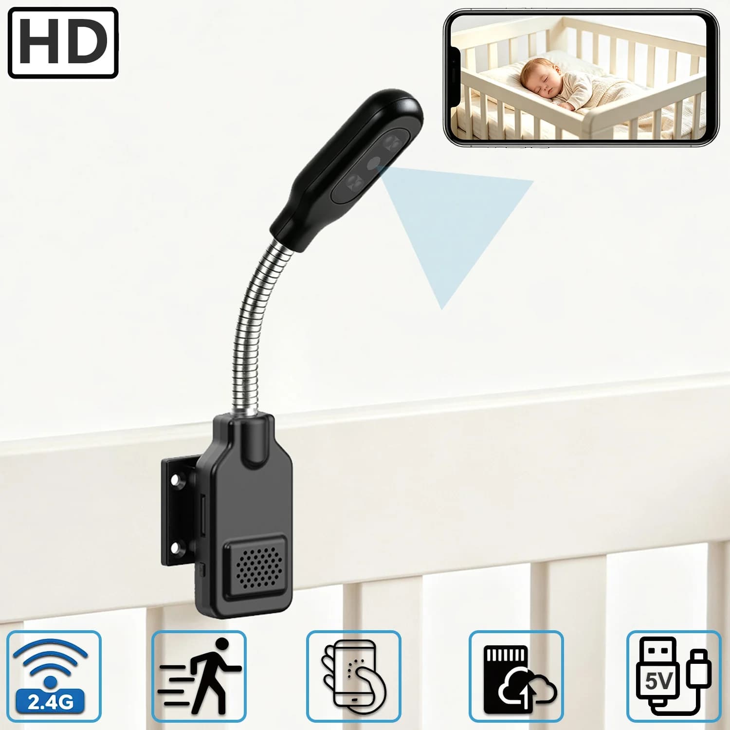 Flexible Gooseneck Baby Pet Monitor Camera, Home WiFi Security Cam with Zero‑Installation, Two‑Way Audio, Motion Detection