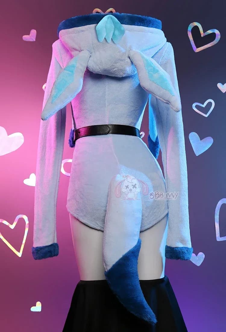Body Vaporeon peloso blu Anime Cosplay Homewear con cappuccio Coda e cintura Set di lingerie sexy soffice e aderente con calzini