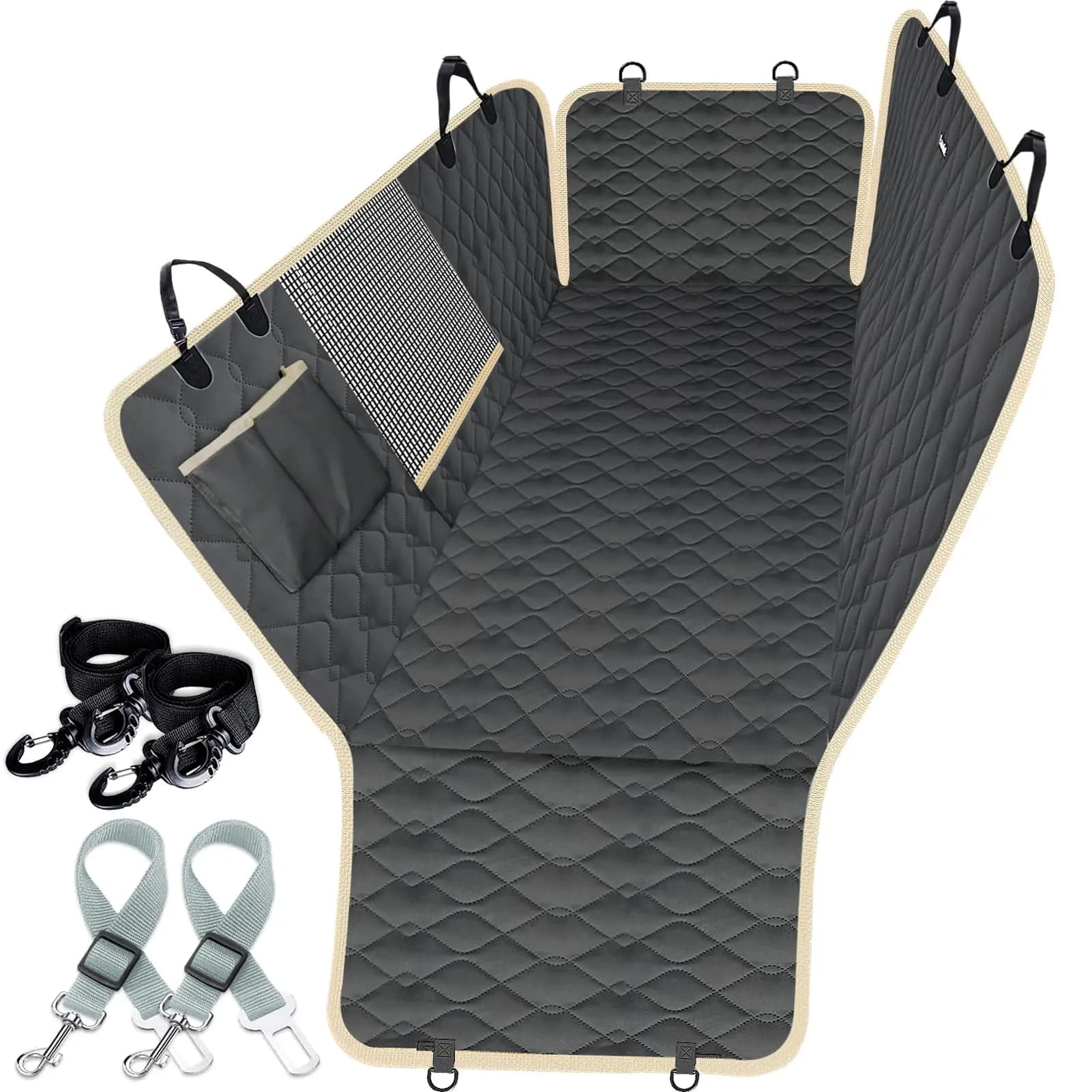 Quilted Dog Car Seat Cover For Rear Bench With Safety Harnesses And Mesh Pocket, Fits Large SUVs And Pickups
