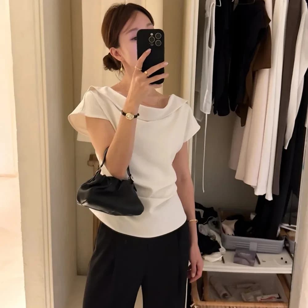 Slimming Short Sleeve Shirt Women's Casual Standard Fit Summer Shirt Gentle Style Stand Collar Flounce Design Casual Shirt