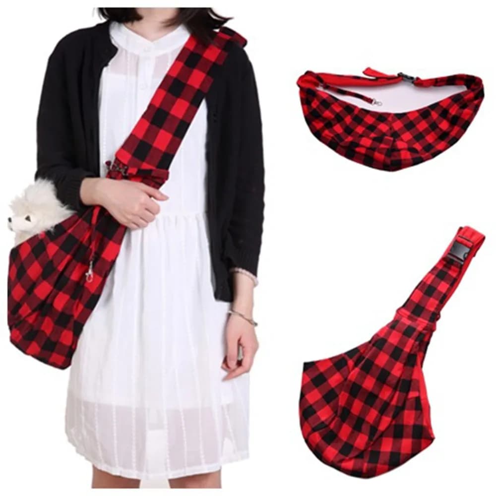 Breathable Mesh Pet Sling Carrier Red Black Plaid Large Capacity Pet Shoulder Bag Adjustable Strap Soft Fabric Small Pet Carrier
