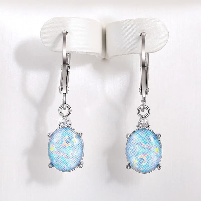 JK Silver Leverback Oval Iridescent Blue Opal Small Clear Crystal Dangle Women Earrings, Dainty Shiny Dreamy Minimalist Bridal Wedding Earrings, Bride Gifts Fit Mother’s Day, Easter & Soft Spring Garden Wedding Holiday Brunches