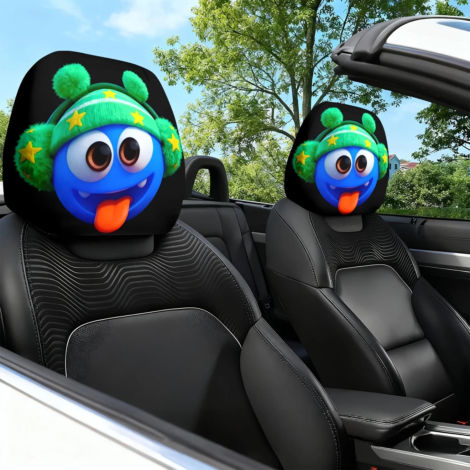 2 coprisedili per poggiatesta auto con stampa a tema personaggio dei cartoni animati blu con cappello verde lavorato a maglia - Adatti per berline e camion