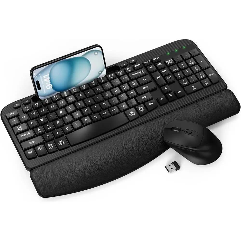 Combo Tastiera Ergonomica Full-Size e Mouse con Poggiapolsi Imbottito, Supporto Telefono e Digitazione Naturale Confortevole per Windows
