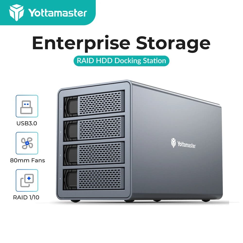 Yottamaster Custodia per disco rigido RAID a 4 alloggiamenti da USB 3.0 a SATA3.0 HDD Supporto per archiviazione disco rigido esterno HDD SSD da 2,5 "3,5" 4*16TB