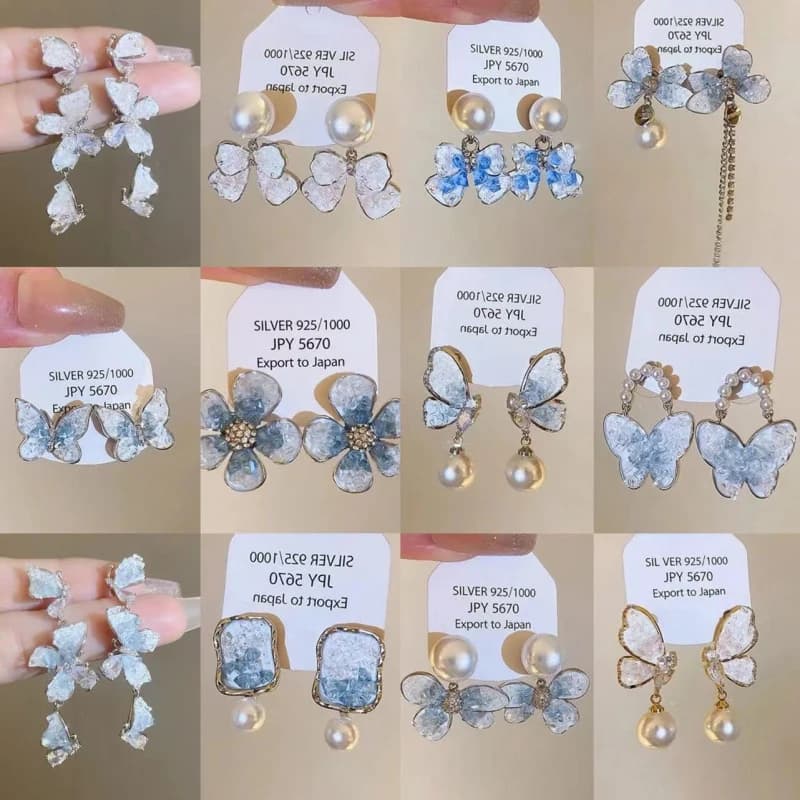 Elegant Pendant Earrings with Free Blue Glass Beads and Butterflies, Fresh and Fashionable Summer Jewelry, Women's Gift