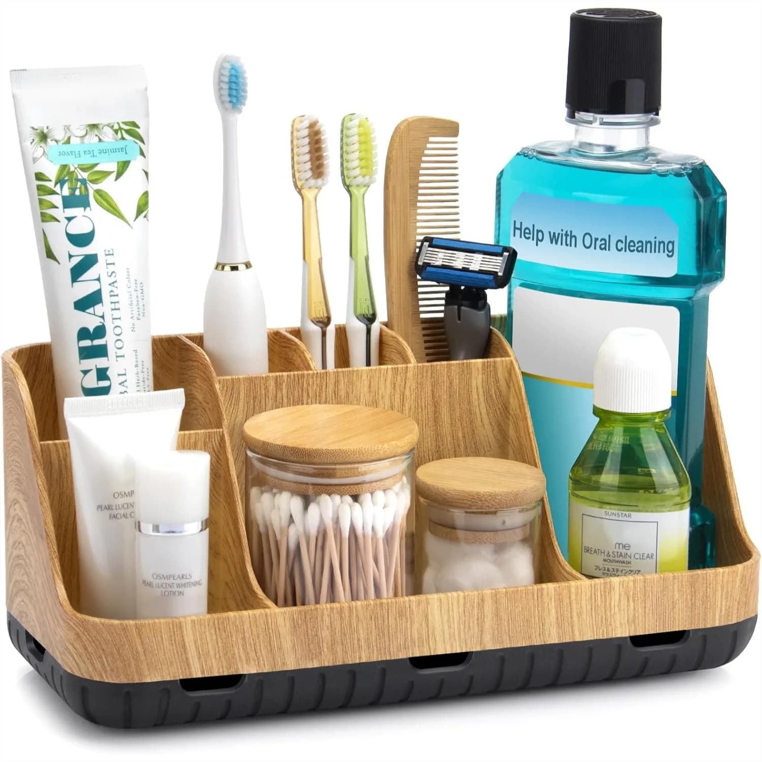 Bathroom Organizer with 7 Slots Detachable Toothbrush Holder for Counter Vanity Storage and Drainage