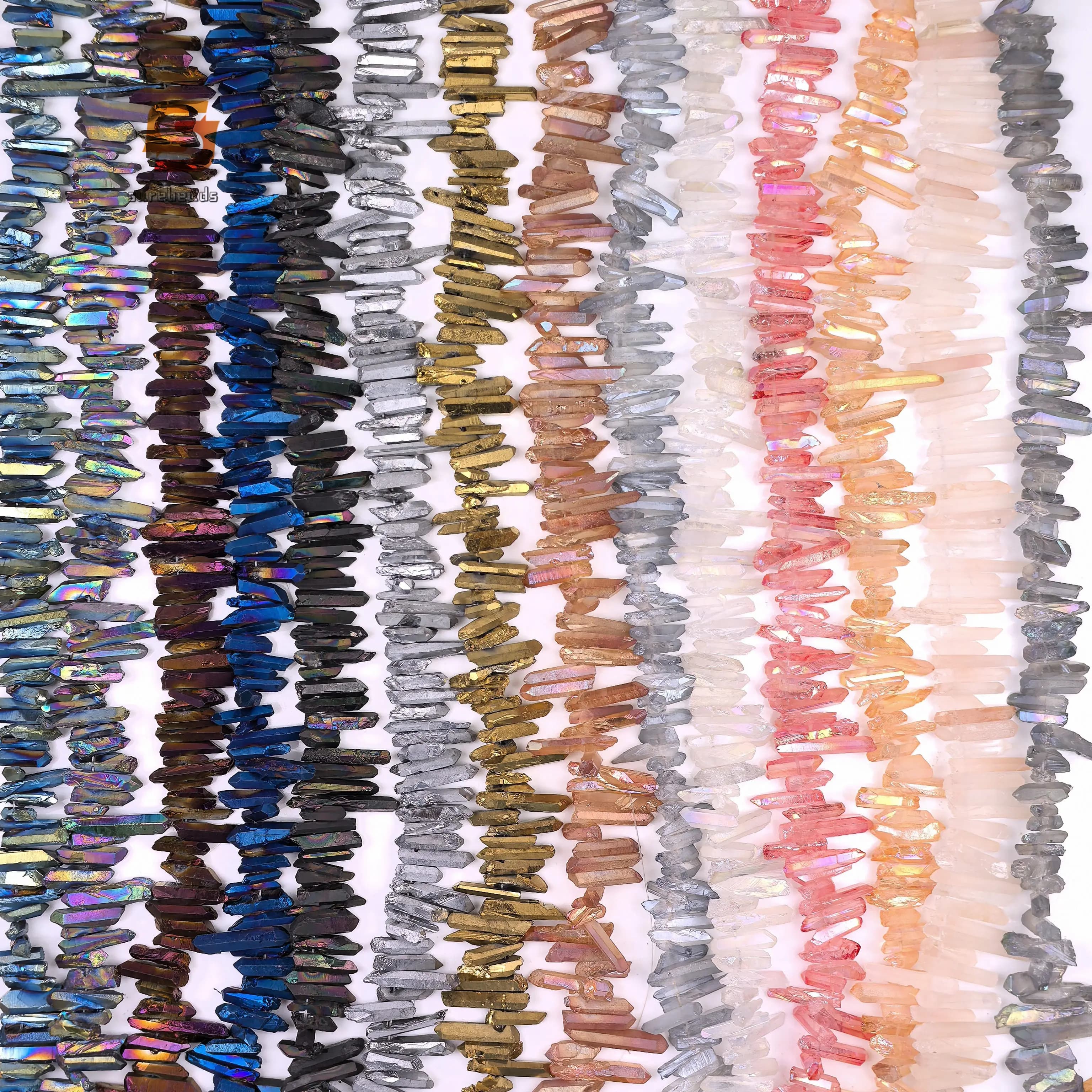 15.5"strand Titanium Crystal Top Drilled Point Beads,Rainbow Cut Raw Rough Quartz Stick Spike Pendant Necklace Jewelry Making