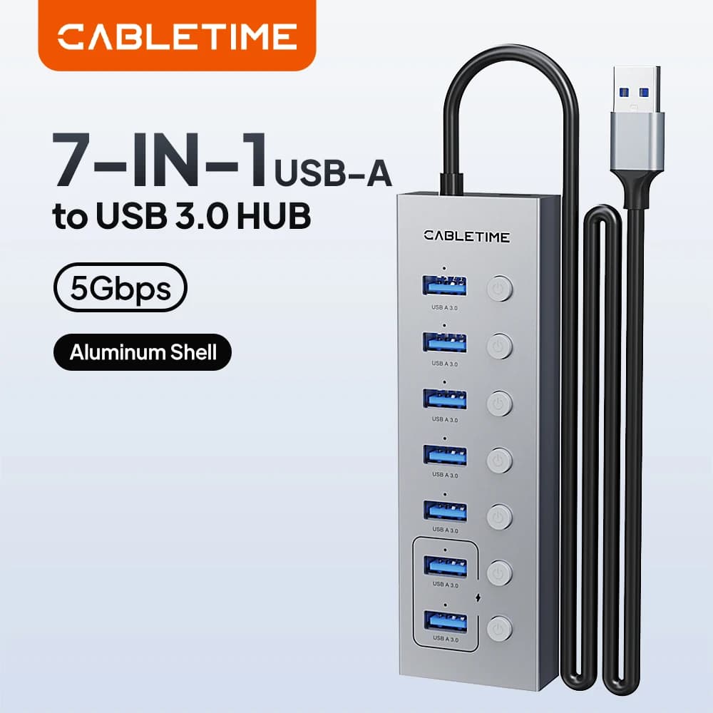 CABLETIME Hub USB 3.0 a 7 porte, Docking Station 5Gbps, Splitter USB 3.0 con interruttori individuali ON/OFF per PC e Laptop, Estensore Porte USB