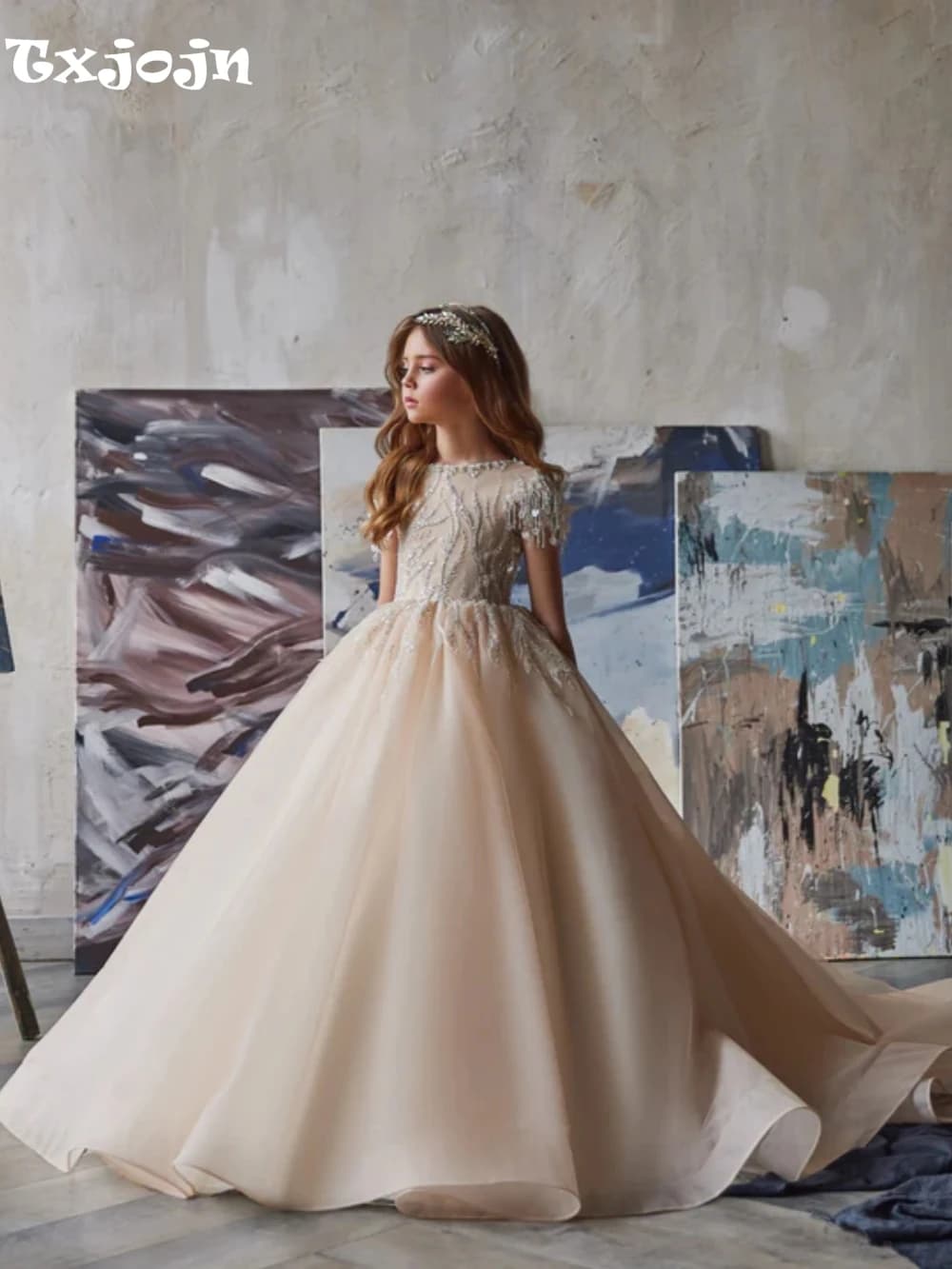 Lussuoso abito da principessa lungo per bambini a trapezio con nappe in rilievo per spettacoli scolastici Abiti classici eleganti a maniche corte per ragazze