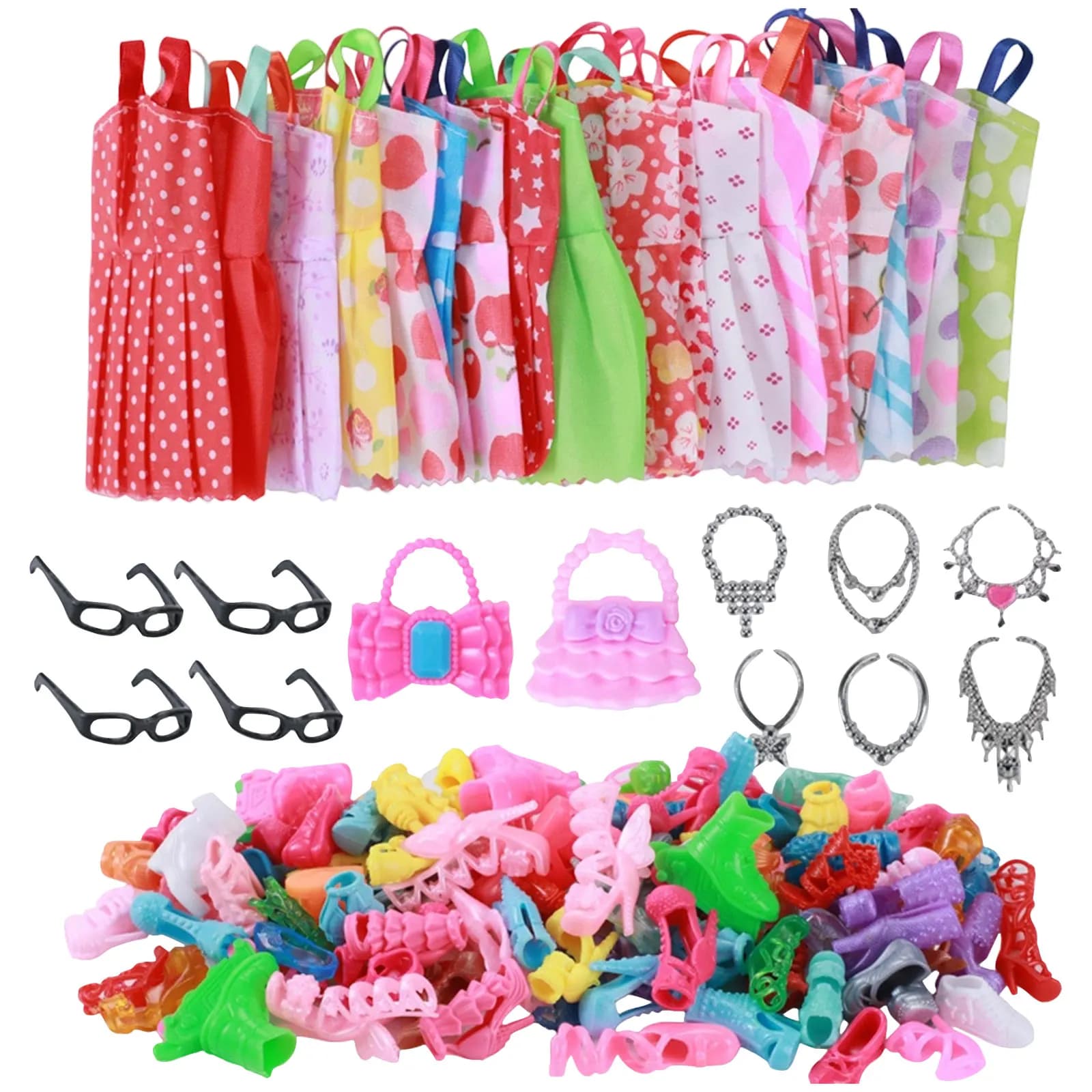 32 Pezzi di Vestiti e Accessori Casuali per Bambole, 10 Abiti alla Moda, 22 Scarpe, Occhiali, Collane, Borsetta per Bambole Barbie