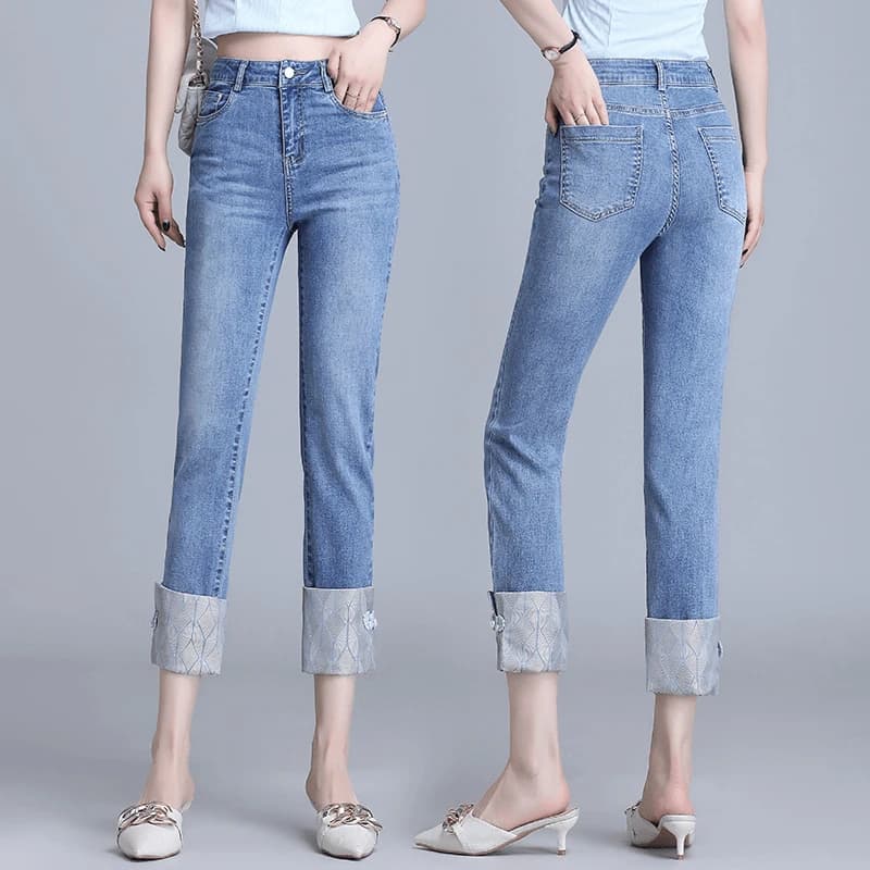 Jeans a Gamba Dritta da Donna, Nuovo Stile Estate 2024, Vita Alta, Misto Cotone-Poliestere, Blu, Lunghezza al Polpaccio, Chiusura con Cerniera
