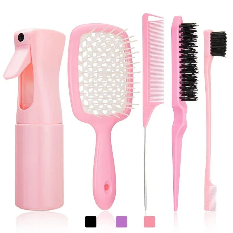 Set di 5 Spazzole Districanti per Capelli Ricci, Pettine a Coda di Topo Curvo, Spazzola per Bordi, Strumenti Professionali per Parrucchieri