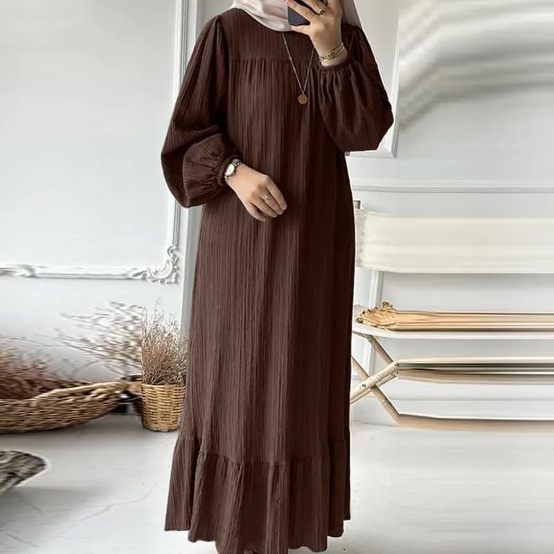 Women's Long Dress Muslim Spring Autumn Fashion Sleeve Long Dress Maxi Vintage Solid Color Dress With Hemline Clothing
