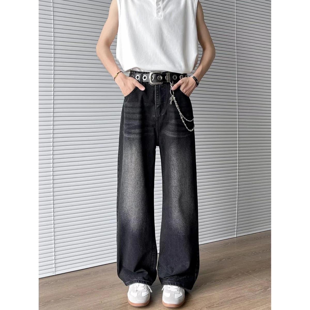 Retro Washed Bent Knife Jeans Men Straight American Flared Cleanfit Pants Floor-Length Loose Fit Workwear Trousers