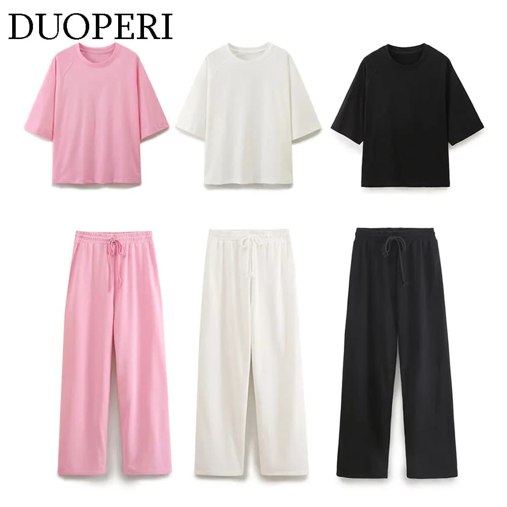 DUOPERI Moda Donna 2 Pezzi Set T-shirt allentata solida e pantaloni a vita alta elastica Coordinate di pantaloni casual da donna chic femminili