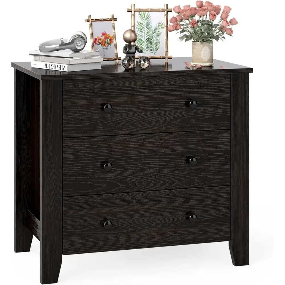 3-Drawer Wooden Chest with Round Metal Handles, Suitable for Sofa Side or Bedroom (Brown)