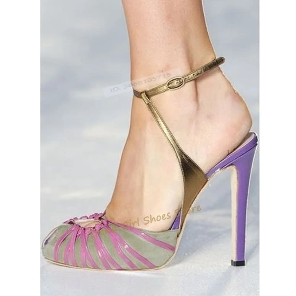 Sandali Peep Toe con Tacco Alto Sottile e Chiusura Posteriore a Bottone, Colori Misti, Estivi, con Cinturini alla Caviglia, Scarpe da Donna di Design