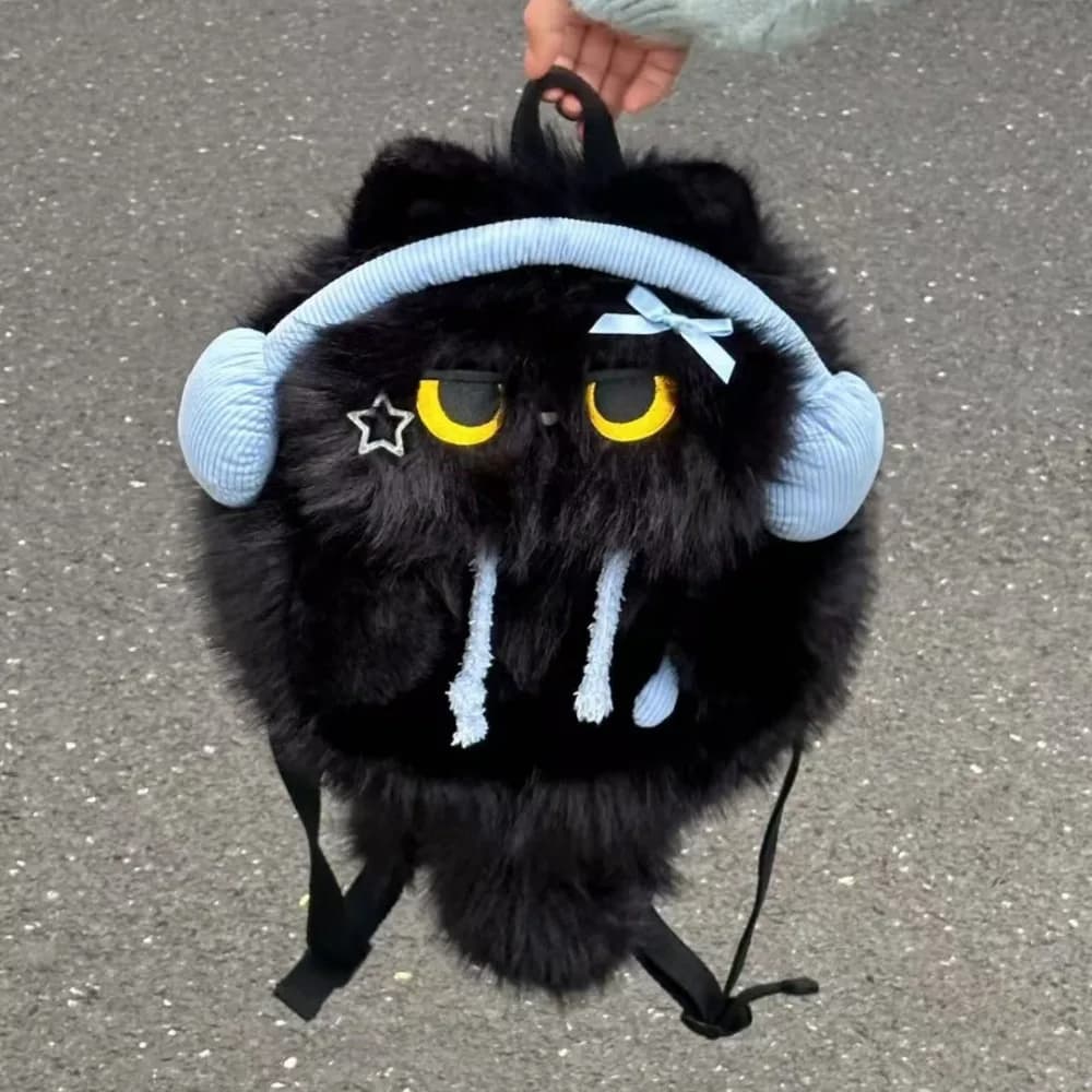 Zaino Peluche a Forma di Gatto Siamese Kawaii, Borsa a Tracolla Simulazione Animale con Cuffie, Morbida e Soffice per Studenti, Uso Casual